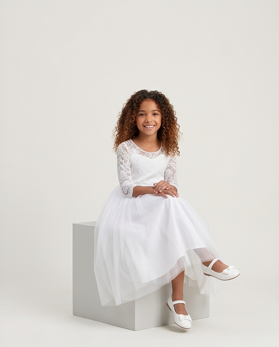 Young girl in a white dress sitting on a white box against a plain background