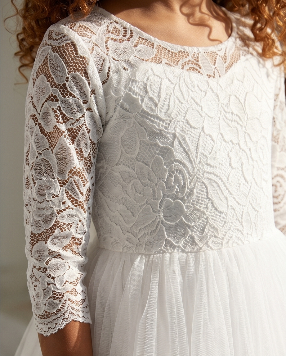 White lace dress with long sleeves on a plain background