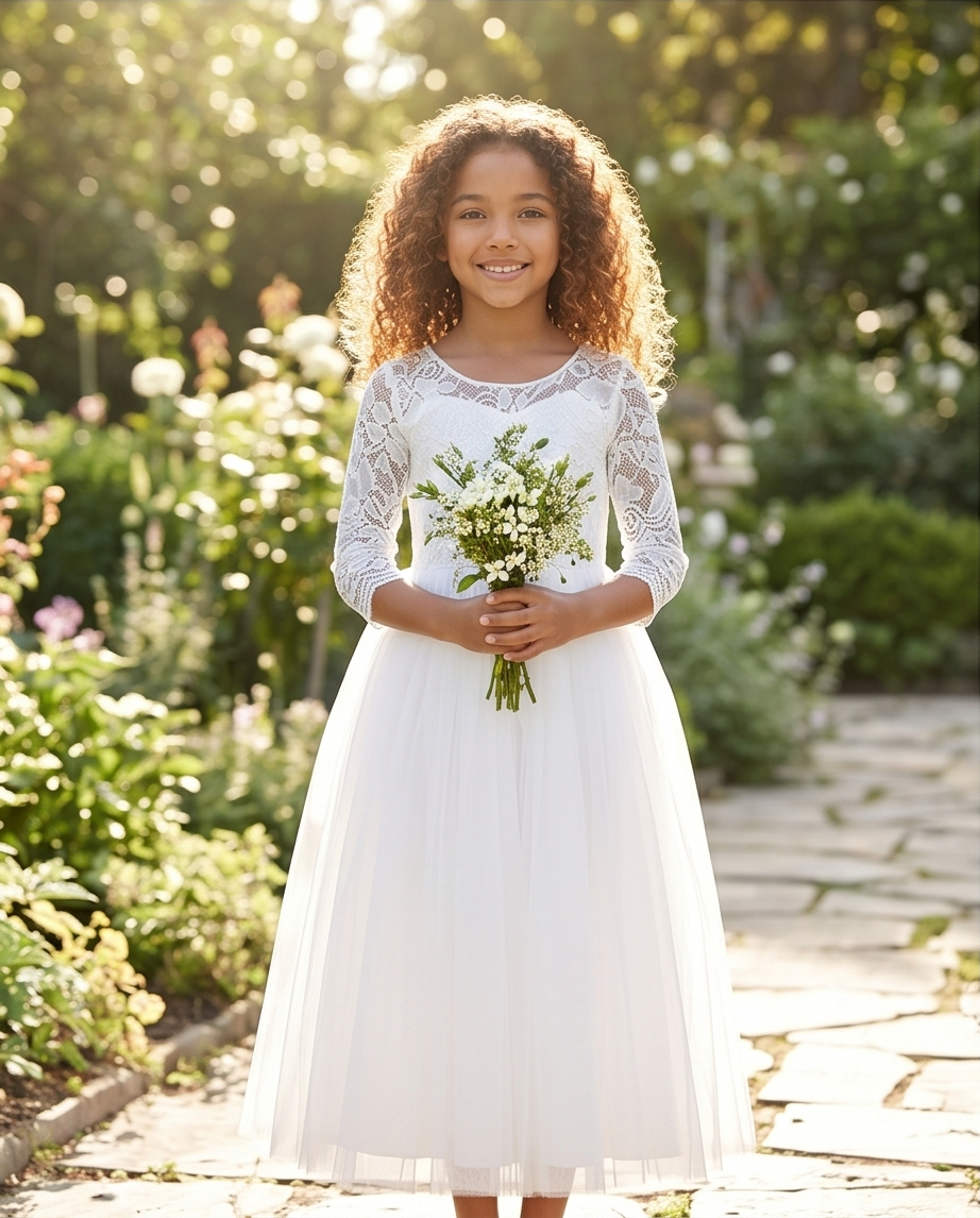 Young girl in a white dress holding flowers in a garden