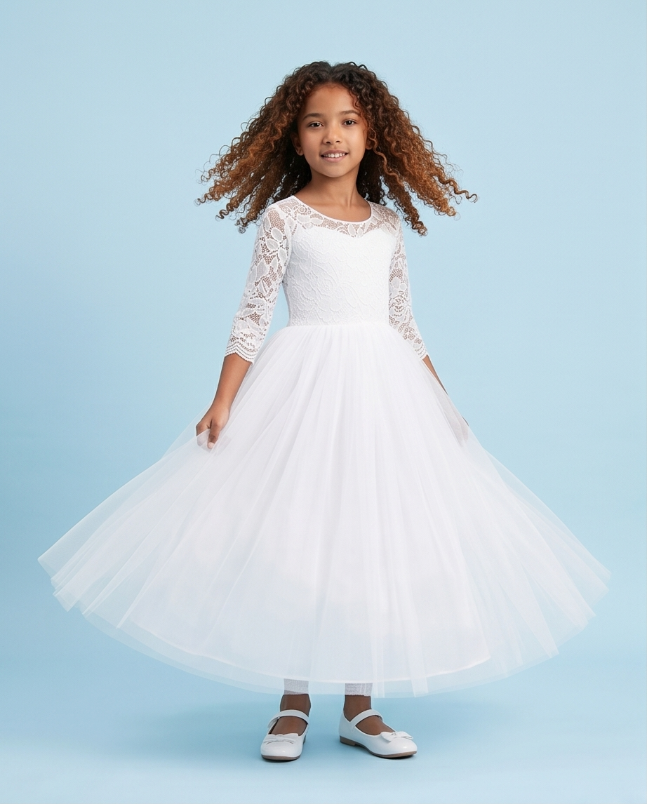 Young girl wearing a white lace dress against a light blue background