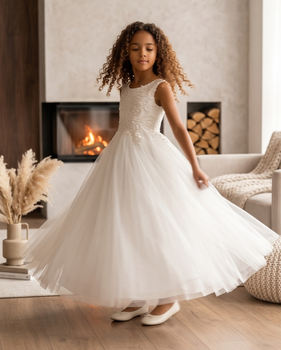 Girl wearing a white Tulle dress