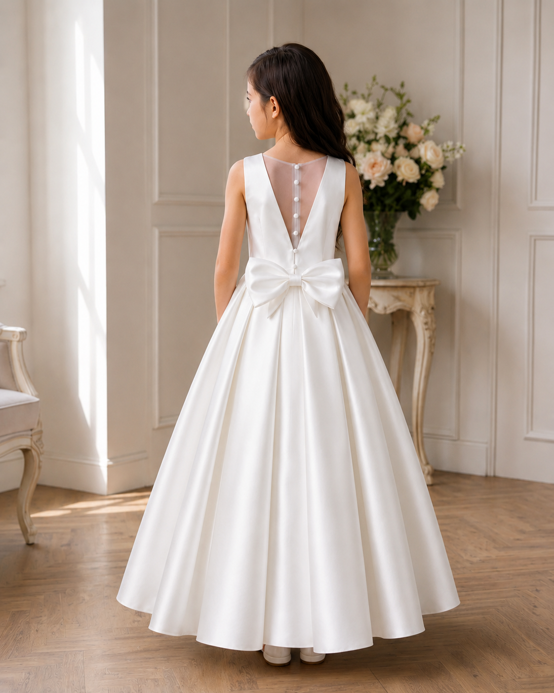 Girl in a white dress with a bow at the back standing in a room with a vase of flowers on a table.
