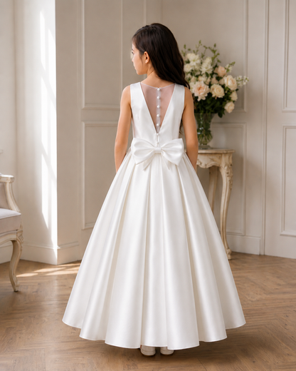 Girl in a white dress with a bow at the back standing in a room with a vase of flowers on a table.