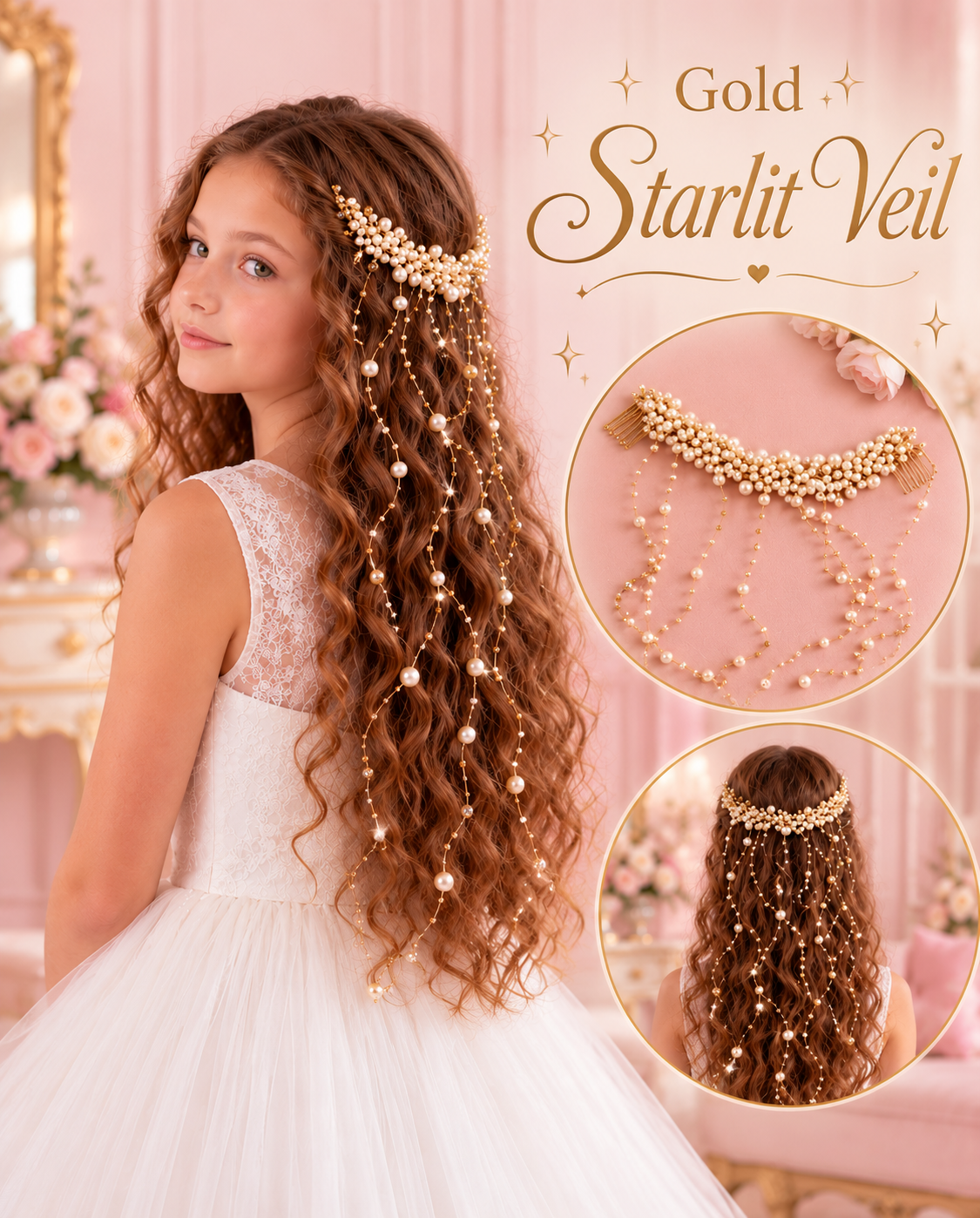 Gold Starlit Veil hairpiece with pearl detailing and cascading gold-tone strands, shown worn and in close-up.
