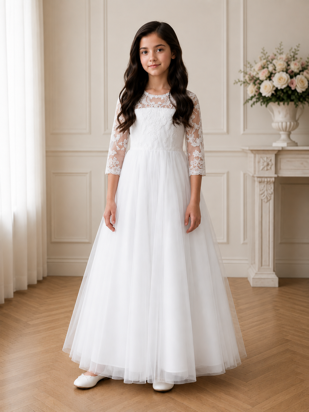 Young girl in a white floral dress standing in a room with a fireplace and flowers.