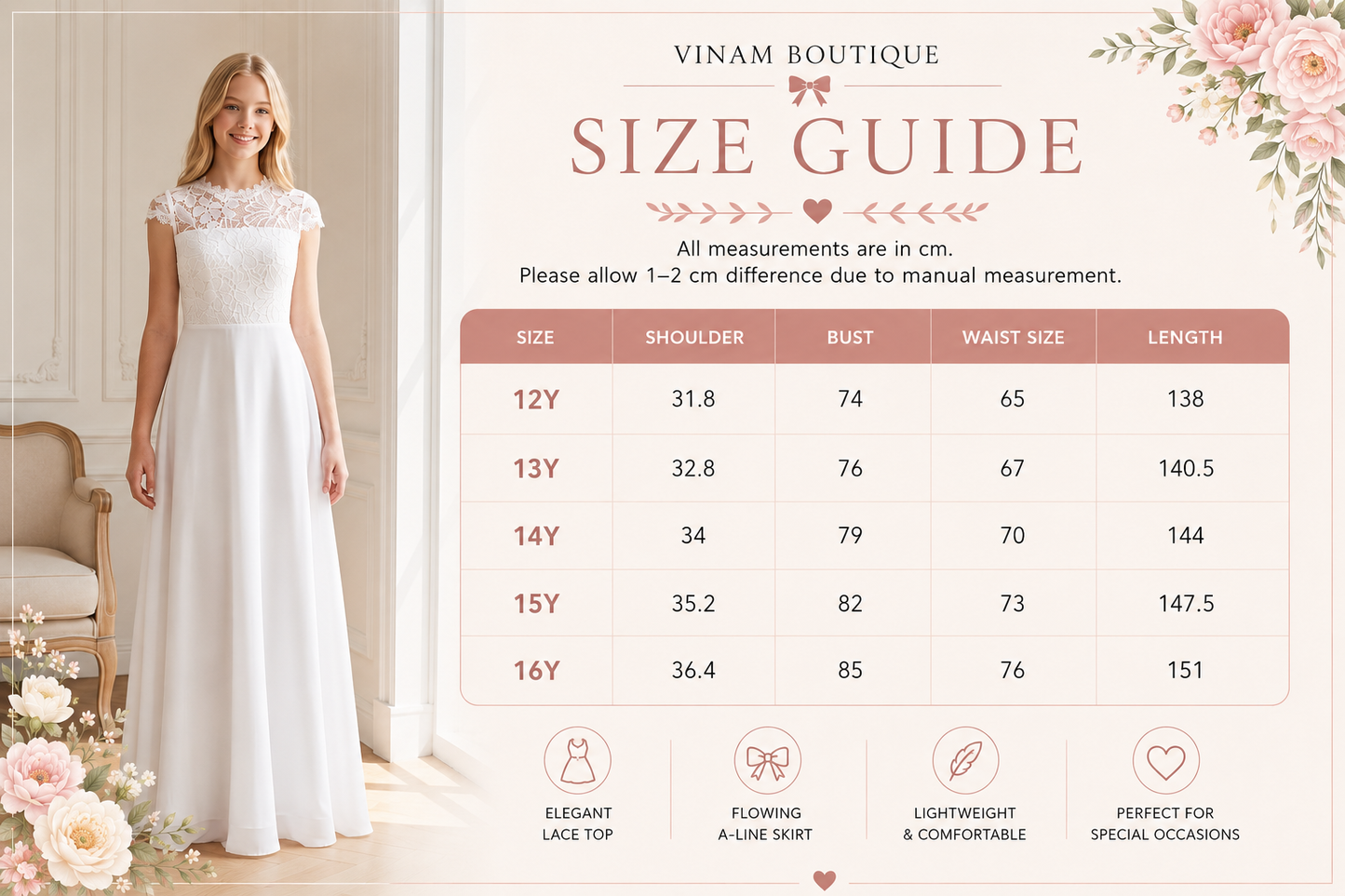 A size guide poster for a Vinam Boutique wedding dress, featuring a model wearing a white lace-embroidered A-line wedding gown on the left and a detailed size chart on the right with measurements for sizes 12Y to 16Y.