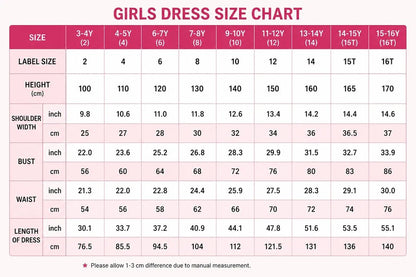 Girls dress size chart with height, shoulder width, bust, waist, and length of dress measurements.