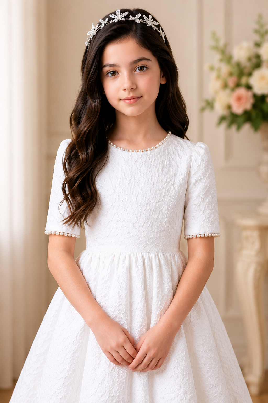 Young girl in a white dress with a floral headband in a softly lit room.