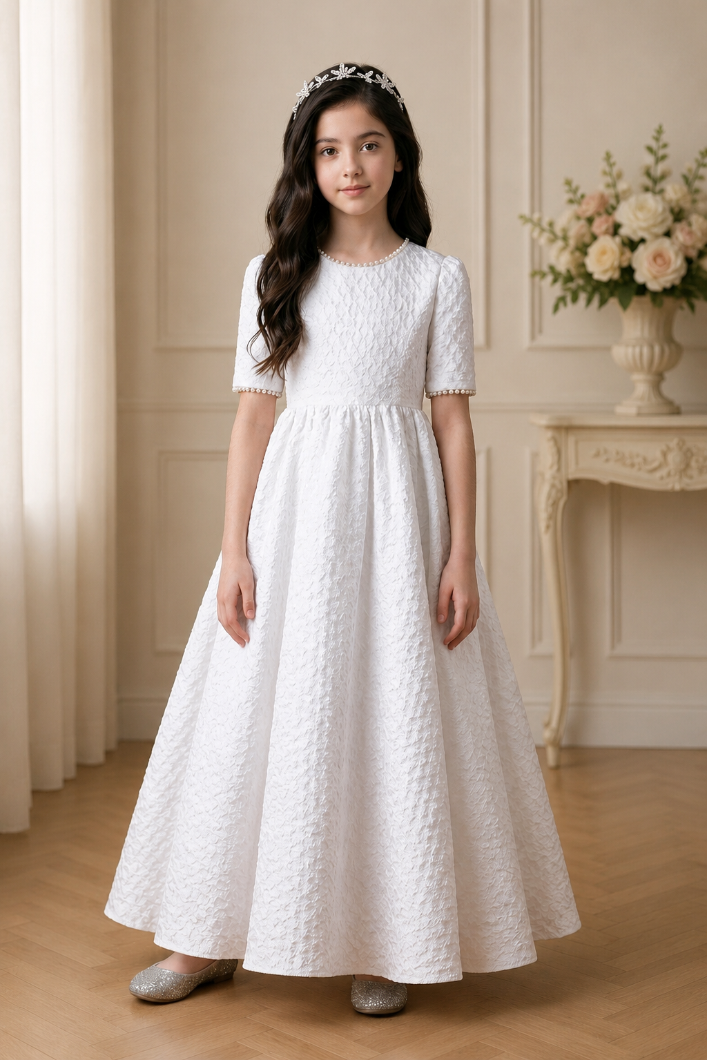Young girl in a white dress standing in a room with a floral arrangement in the background.