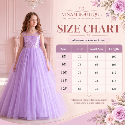 VINAM BOUTIQUE lavender dress size chart with bust, waist and length measurements in centimetres for sizes 8Y to 12Y.