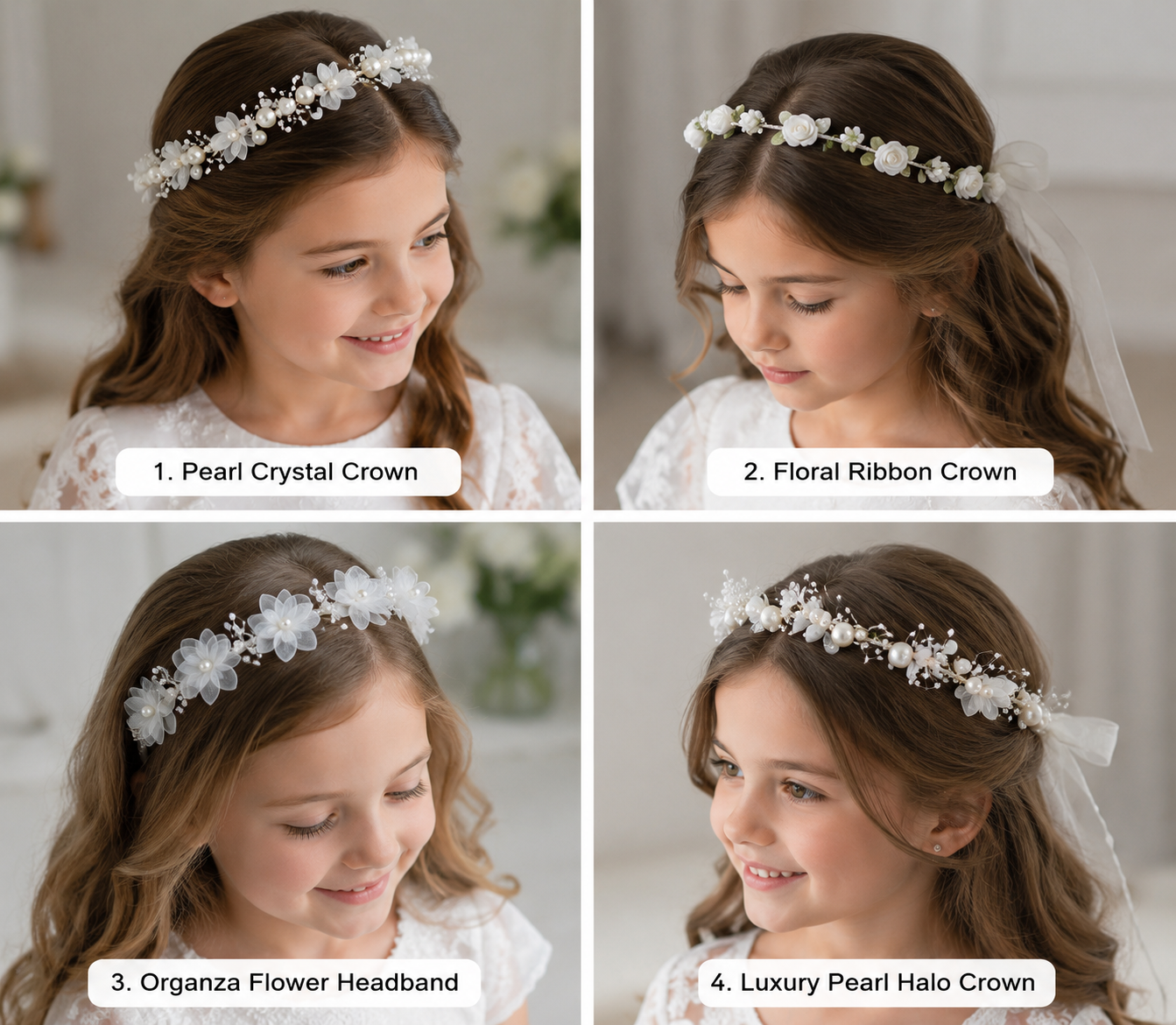 Four different types of floral headbands worn by a young girl with various hairstyles.