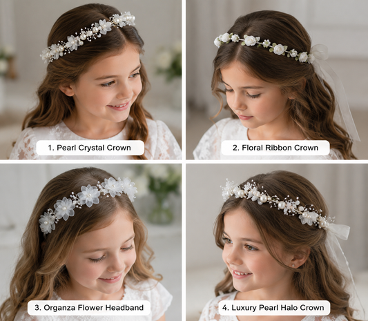 Four different types of floral headbands worn by a young girl with various hairstyles.