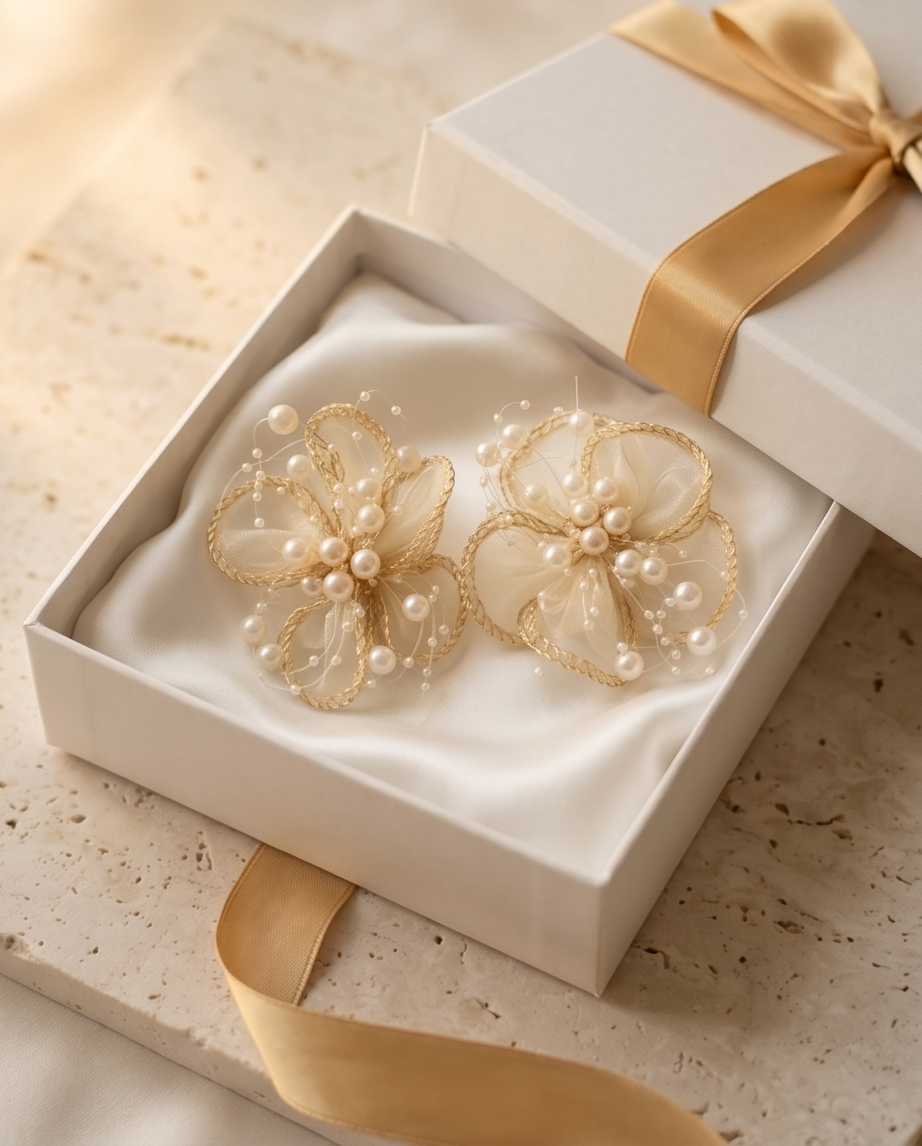 Gold floral earrings with pearls in a white box with a gold ribbon.