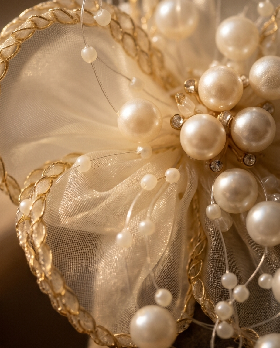 Close-up of a decorative item with pearls and gold accents