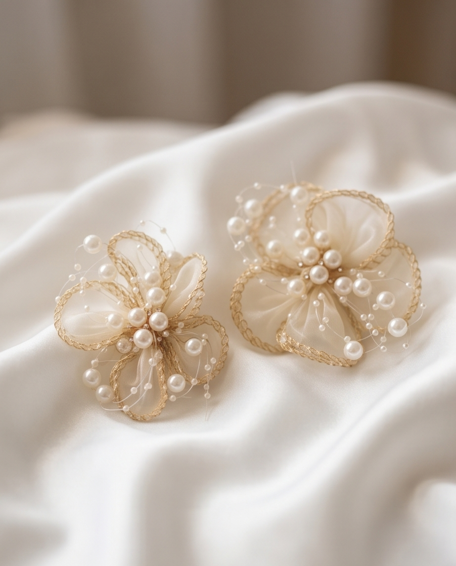 Pair of floral earrings with pearls on a white fabric background