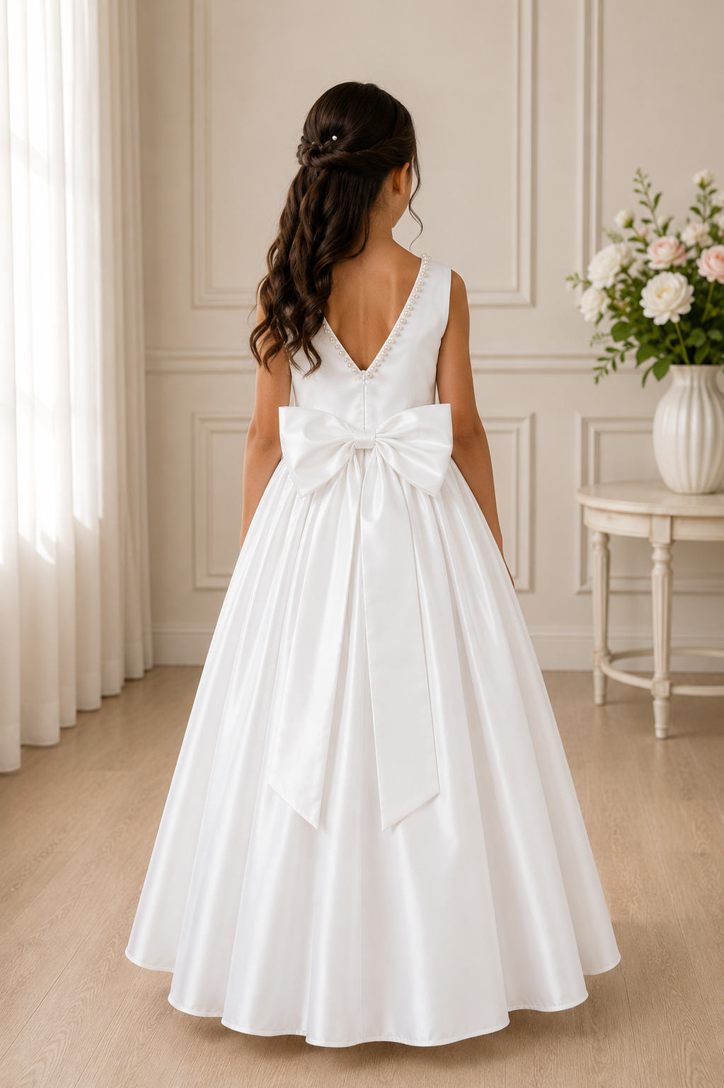 Girl wearing a white dress with a large bow in a room with a vase of flowers.