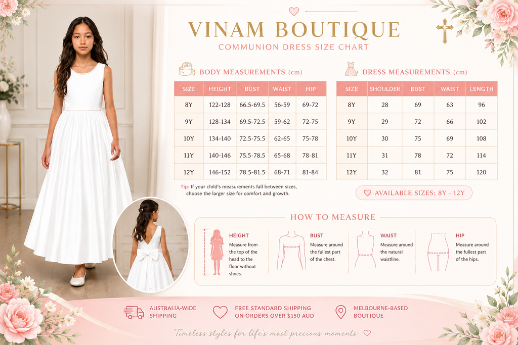 Vinam Boutique communion dress size chart with a model wearing a white dress.