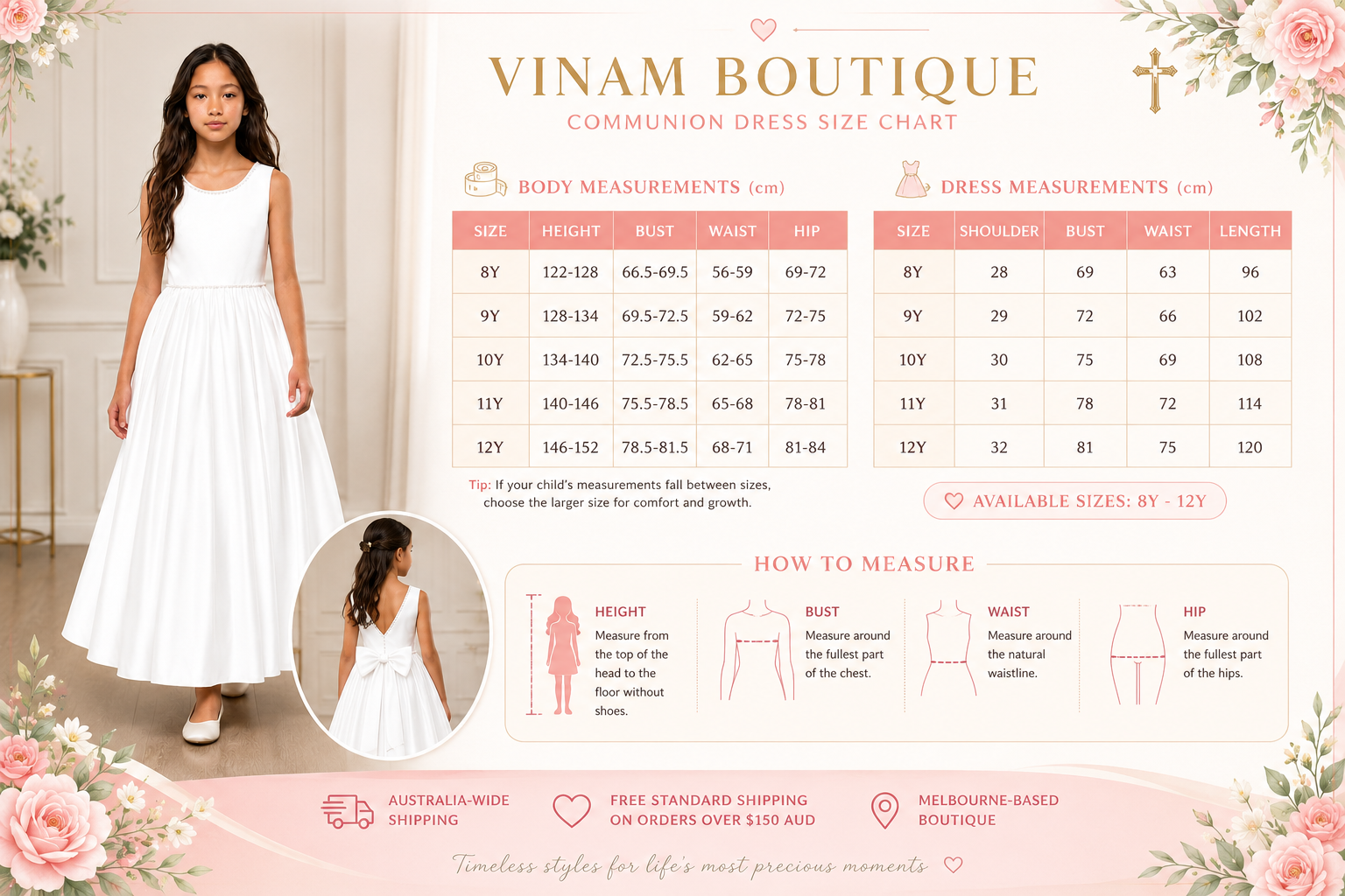Vinam Boutique communion dress size chart with a model wearing a white dress.