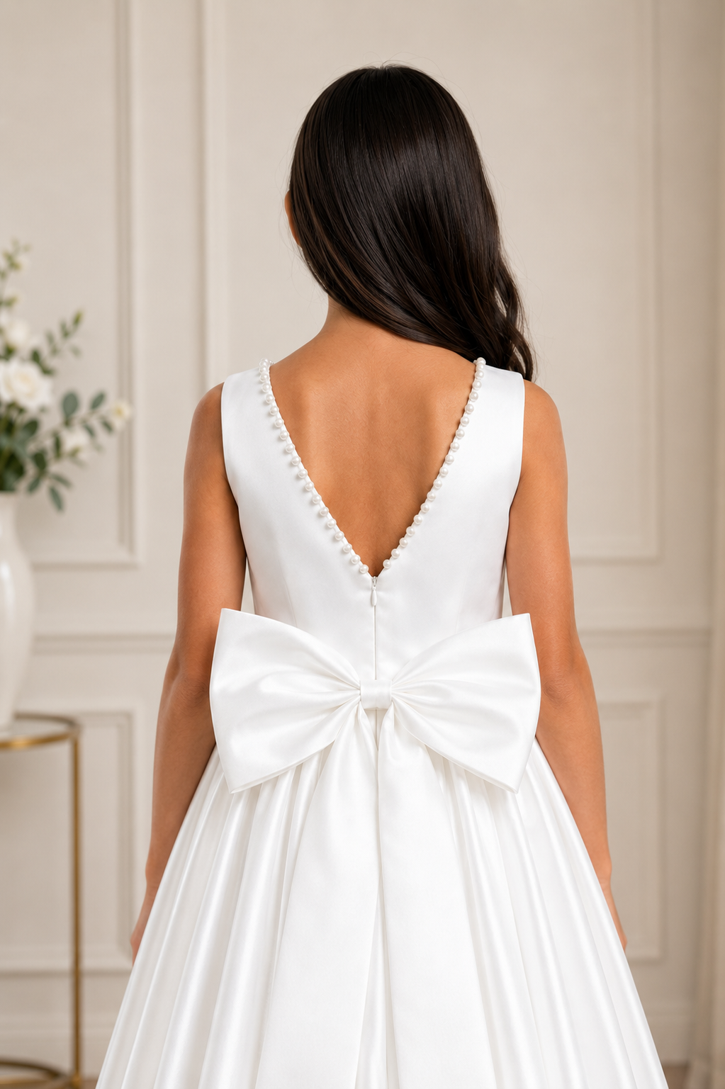 White dress with a large bow detail on the back, worn by a girl