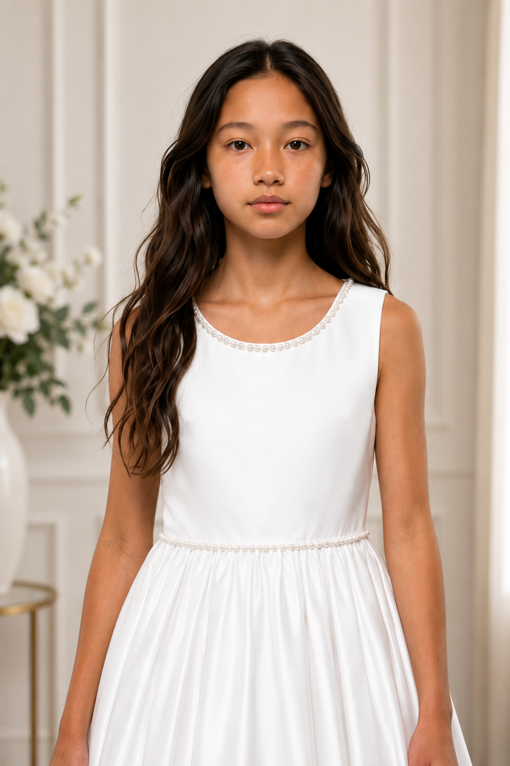 Young girl wearing a white dress against a neutral background