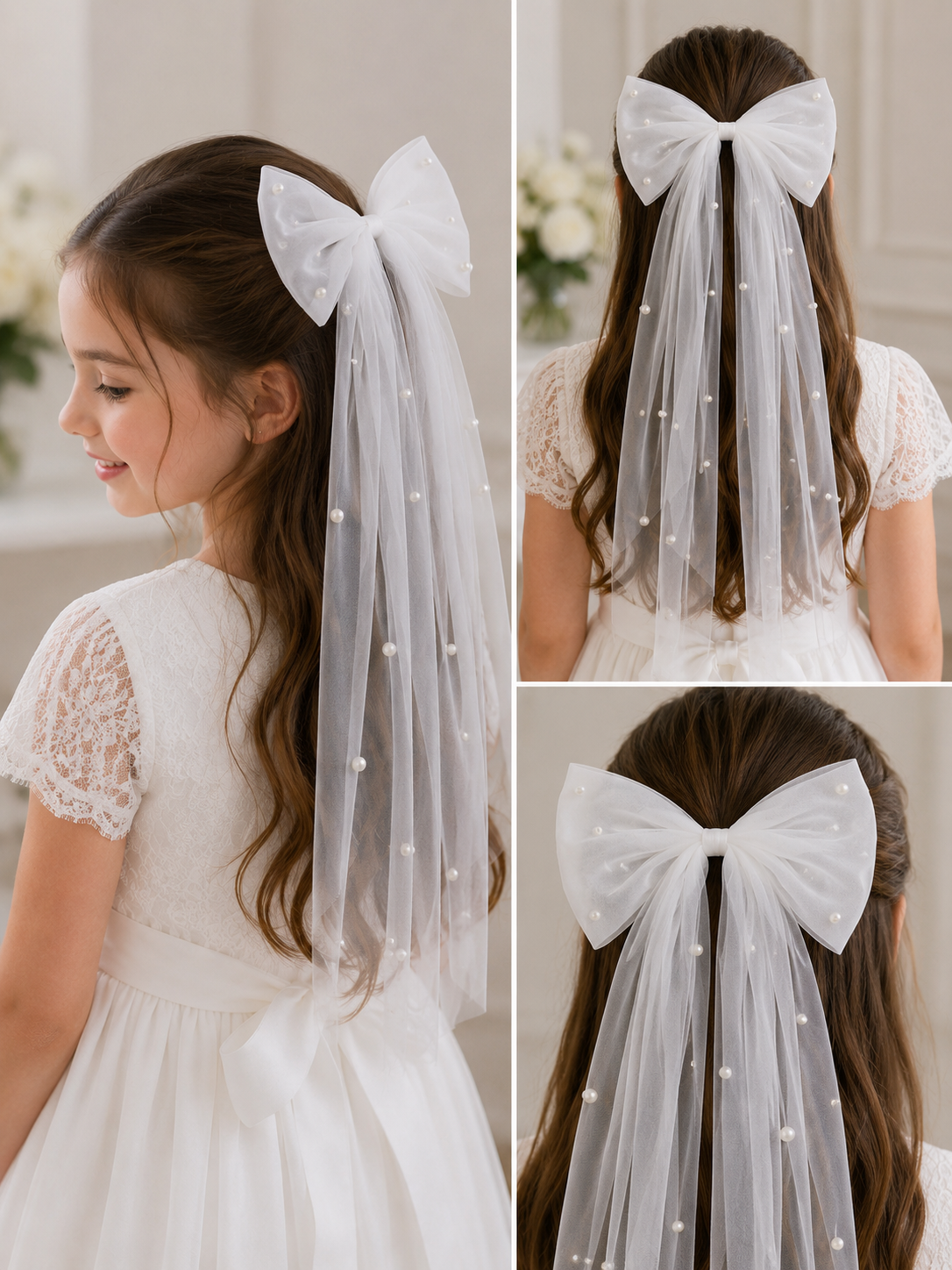 White hair veil with bow worn by a young girl in a white dress.