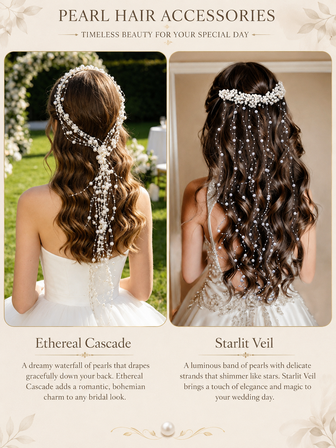 Pearl hair accessories with 'Ethereal Cascade' and 'Starlit Veil' on a decorative background.