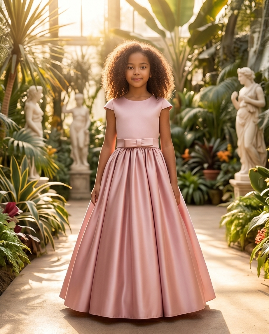 Young girl in a pink dress standing in a garden with statues and plants.