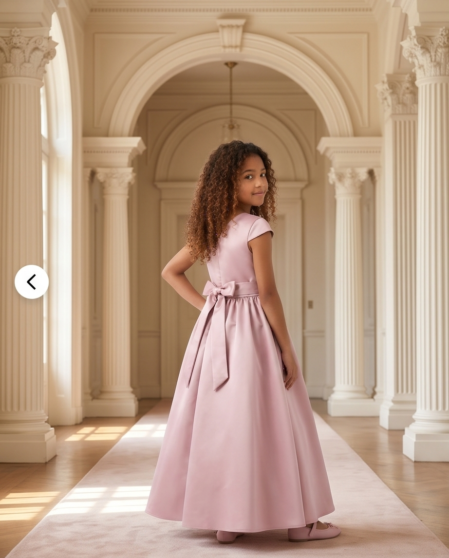 Young girl in a pink dress standing in an elegant hall with columns and high ceilings.