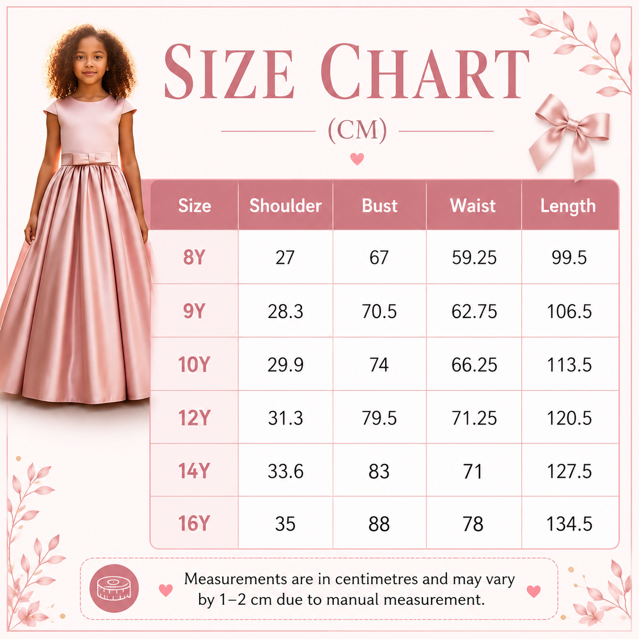 Size chart for a pink dress with measurements in centimeters, featuring a young girl wearing the dress.