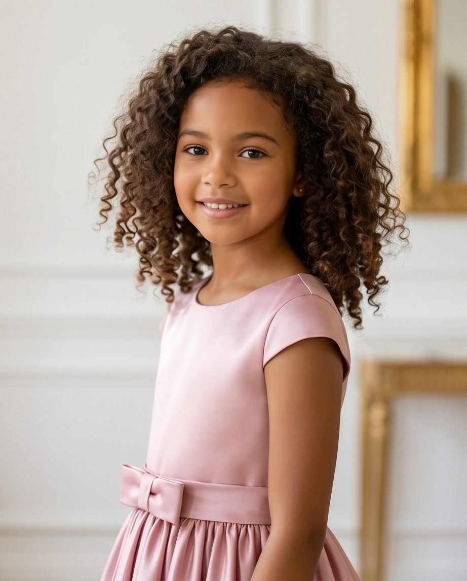 Young girl in a pink dress with curly hair, standing indoors.