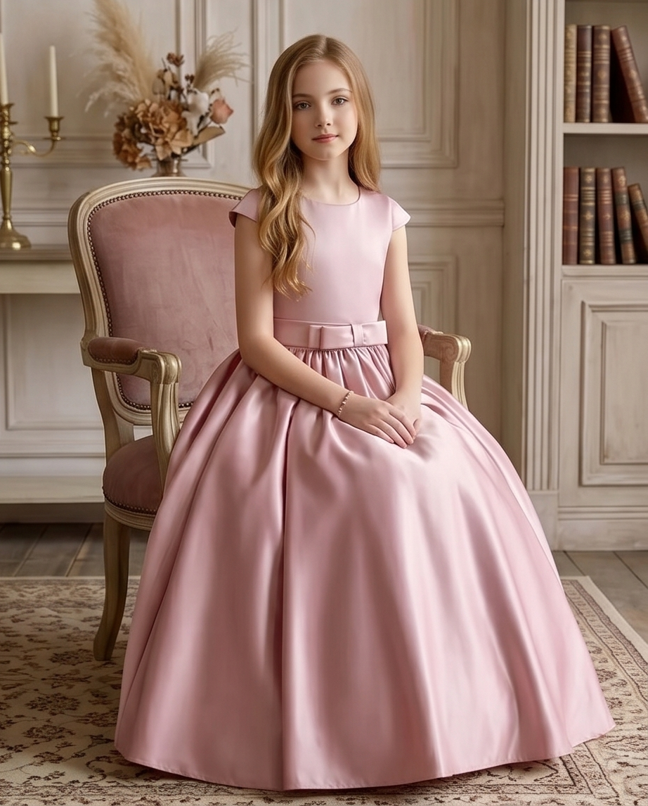 Young girl in a pink dress sitting on a chair in a room with books and decorative items.