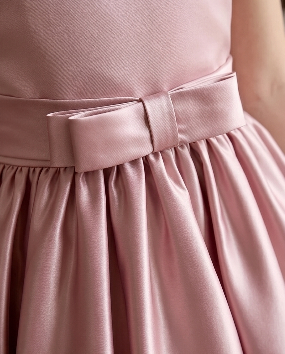 Close-up of a pink dress with a large bow detail.