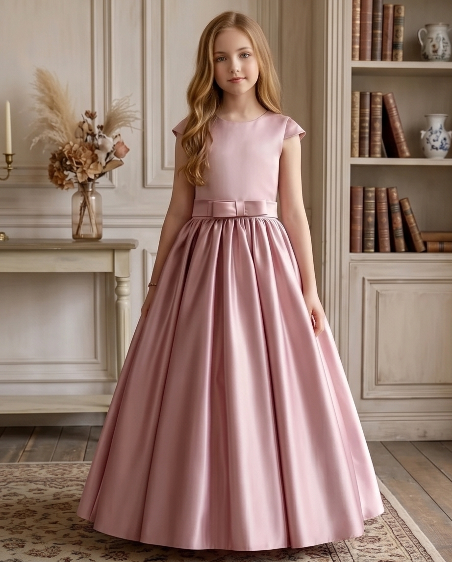 Young girl in a pink dress standing in a room with a fireplace and bookshelf.