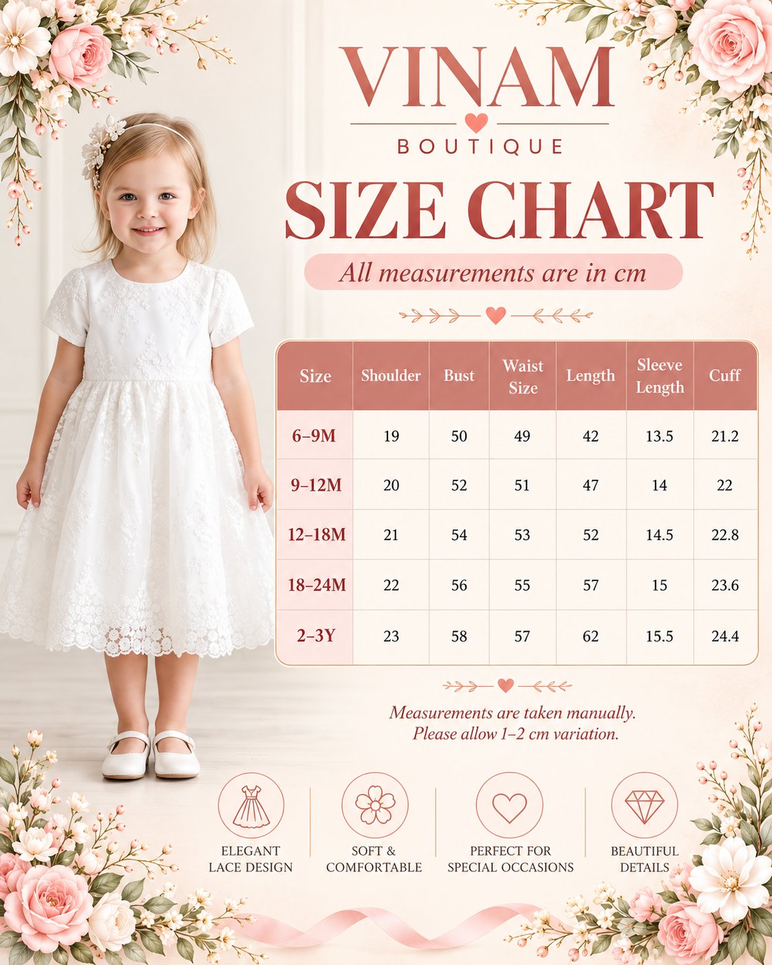 White Short Sleeve Floral Lace Flower Girl Dress – 2-3Y