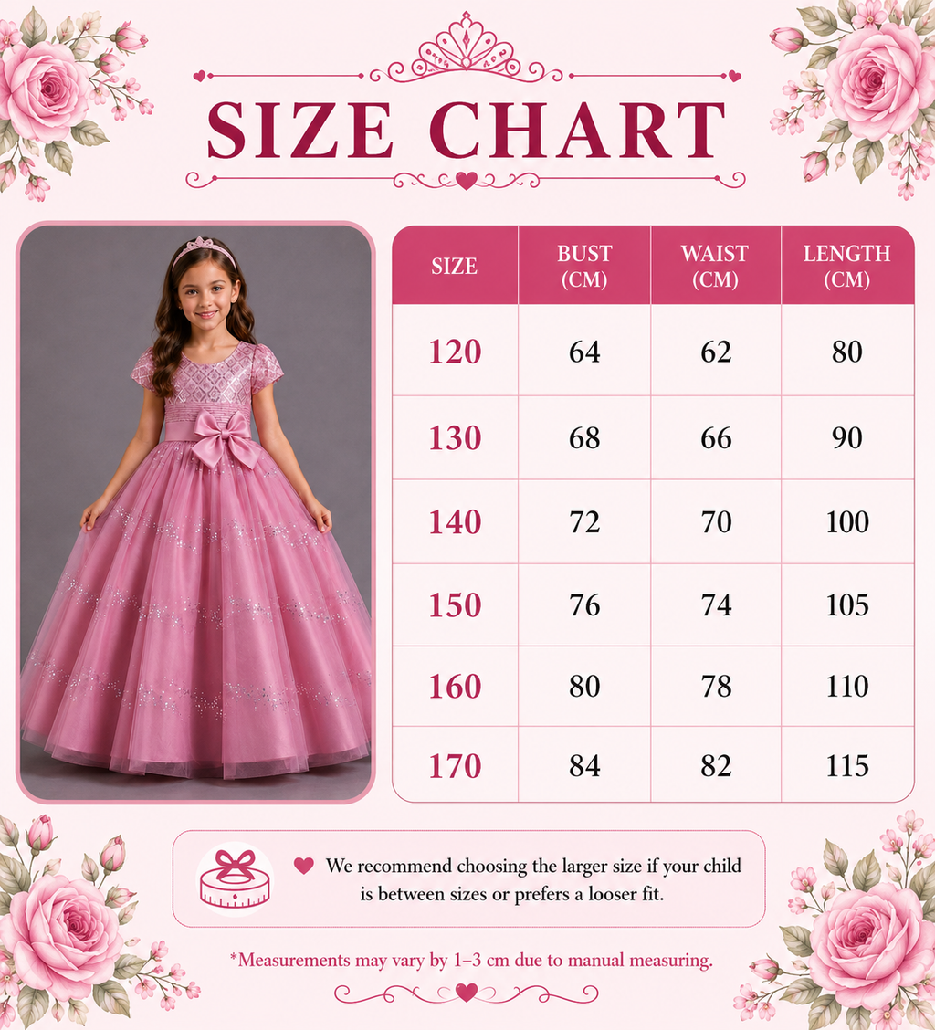 Size chart for a pink dress with floral decorations and a girl wearing the dress.