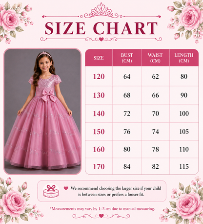 Size chart for a pink dress with floral decorations and a girl wearing the dress.