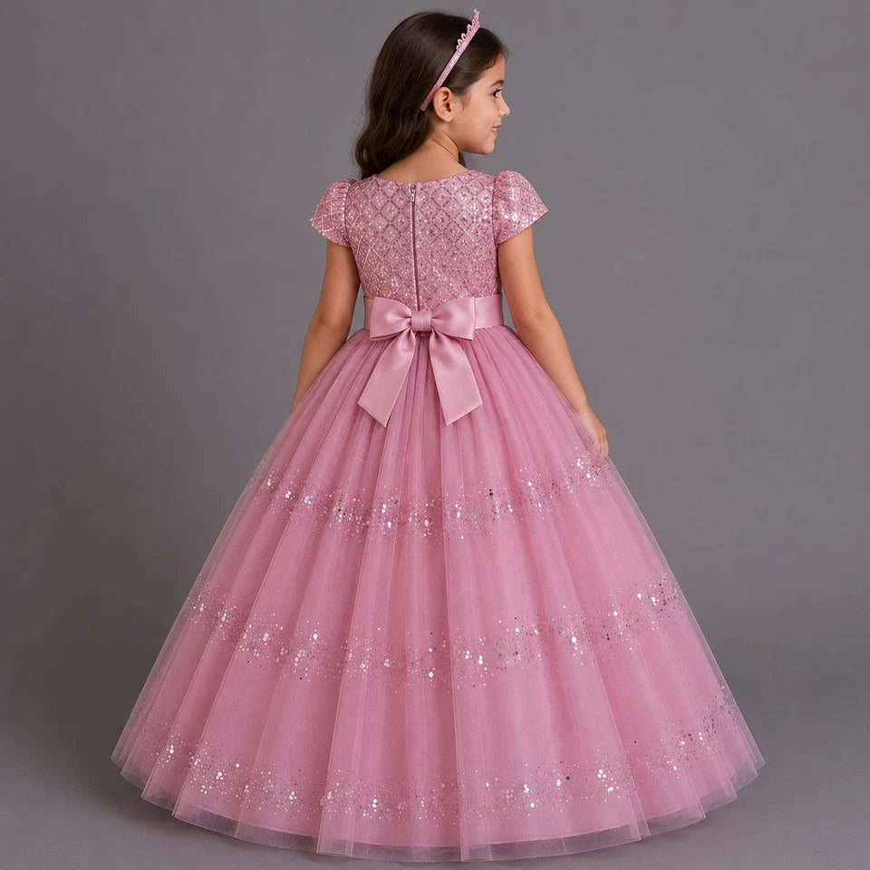 Young girl wearing a pink lace dress with a bow on a gray background