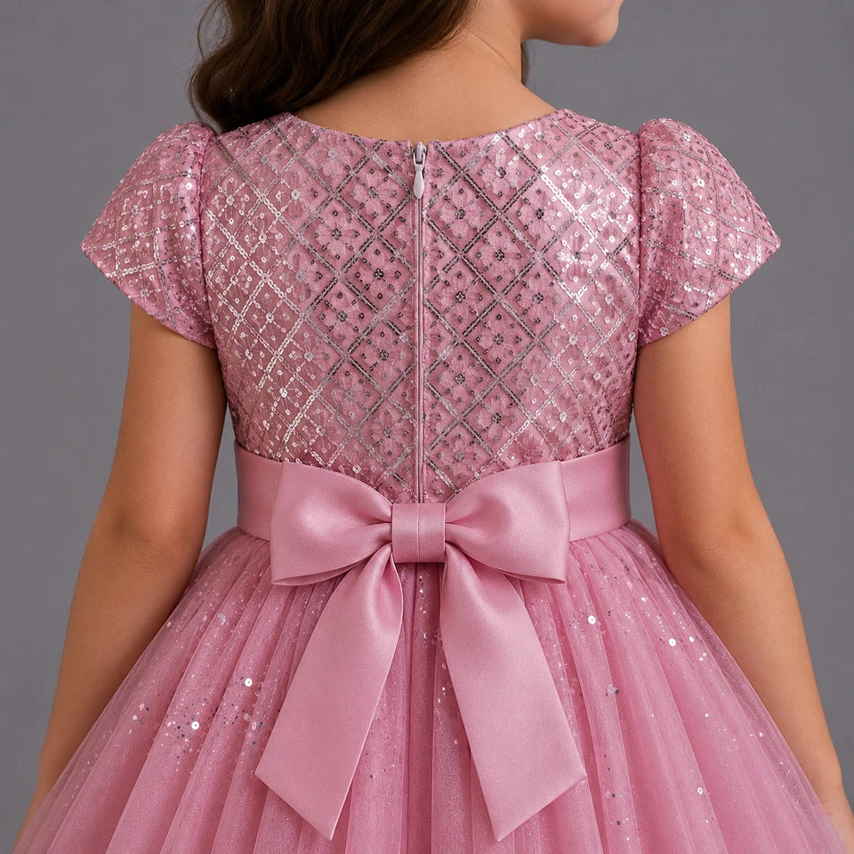 Pink sequin dress with a large bow on a gray background