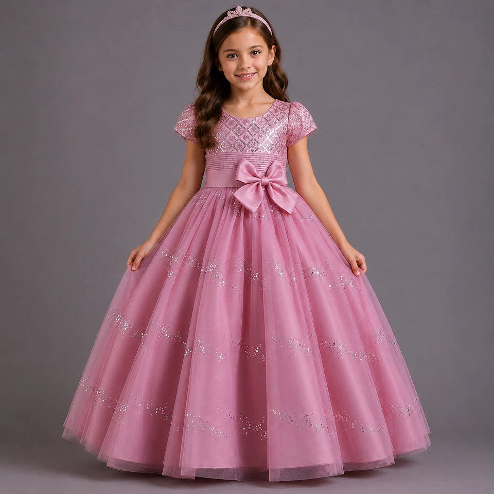 Young girl wearing a pink dress with a bow on a gray background