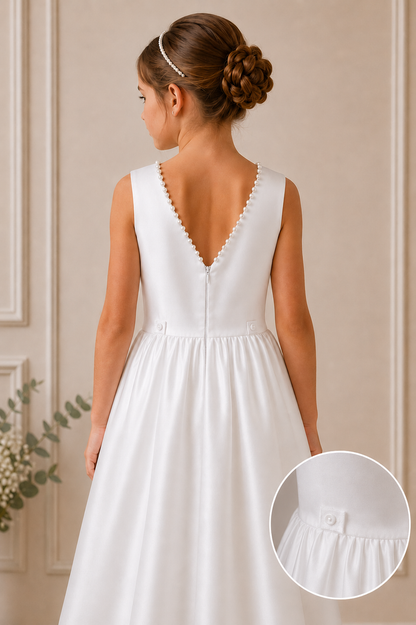 White wedding dress with a close-up of the hem on a neutral background