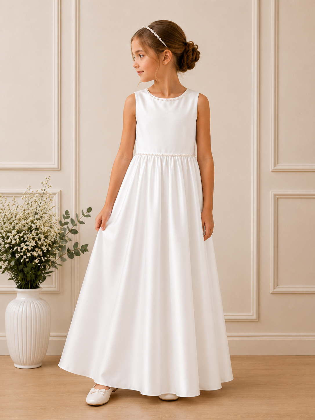 Young girl in a white dress standing in a room with decorative elements.