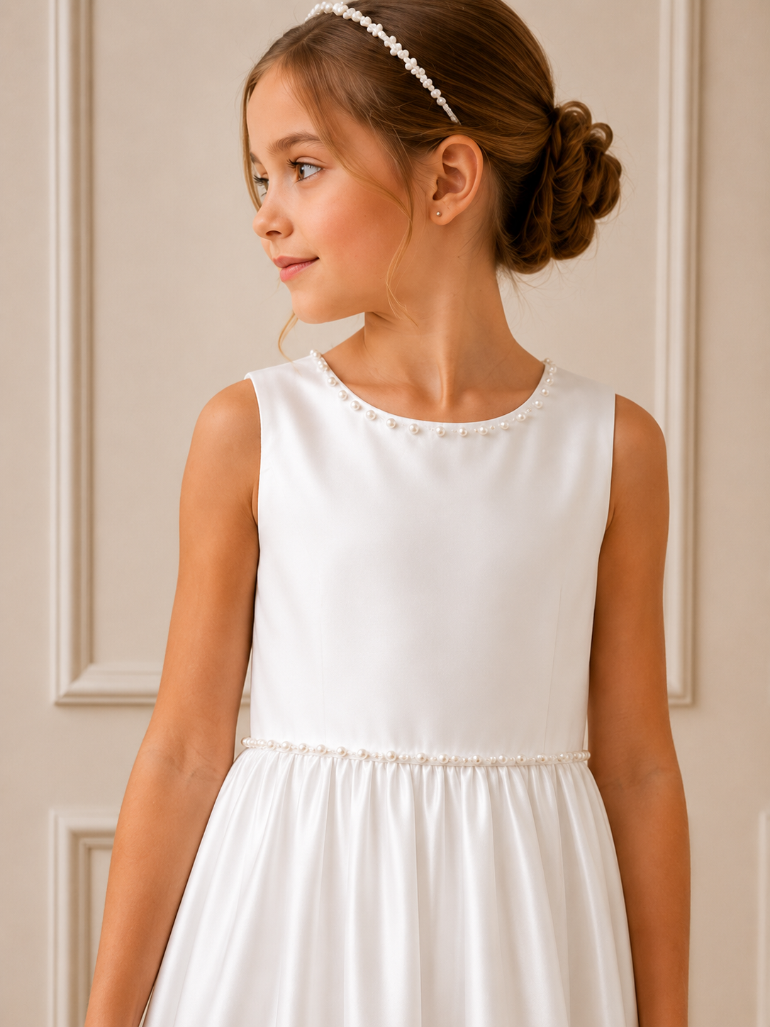 Young girl wearing a white dress against a neutral background