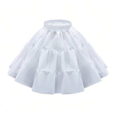 Girls white ruffle organza petticoat front view, full voluminous layered silhouette