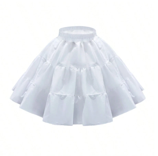Girls white ruffle organza petticoat front view, full voluminous layered silhouette