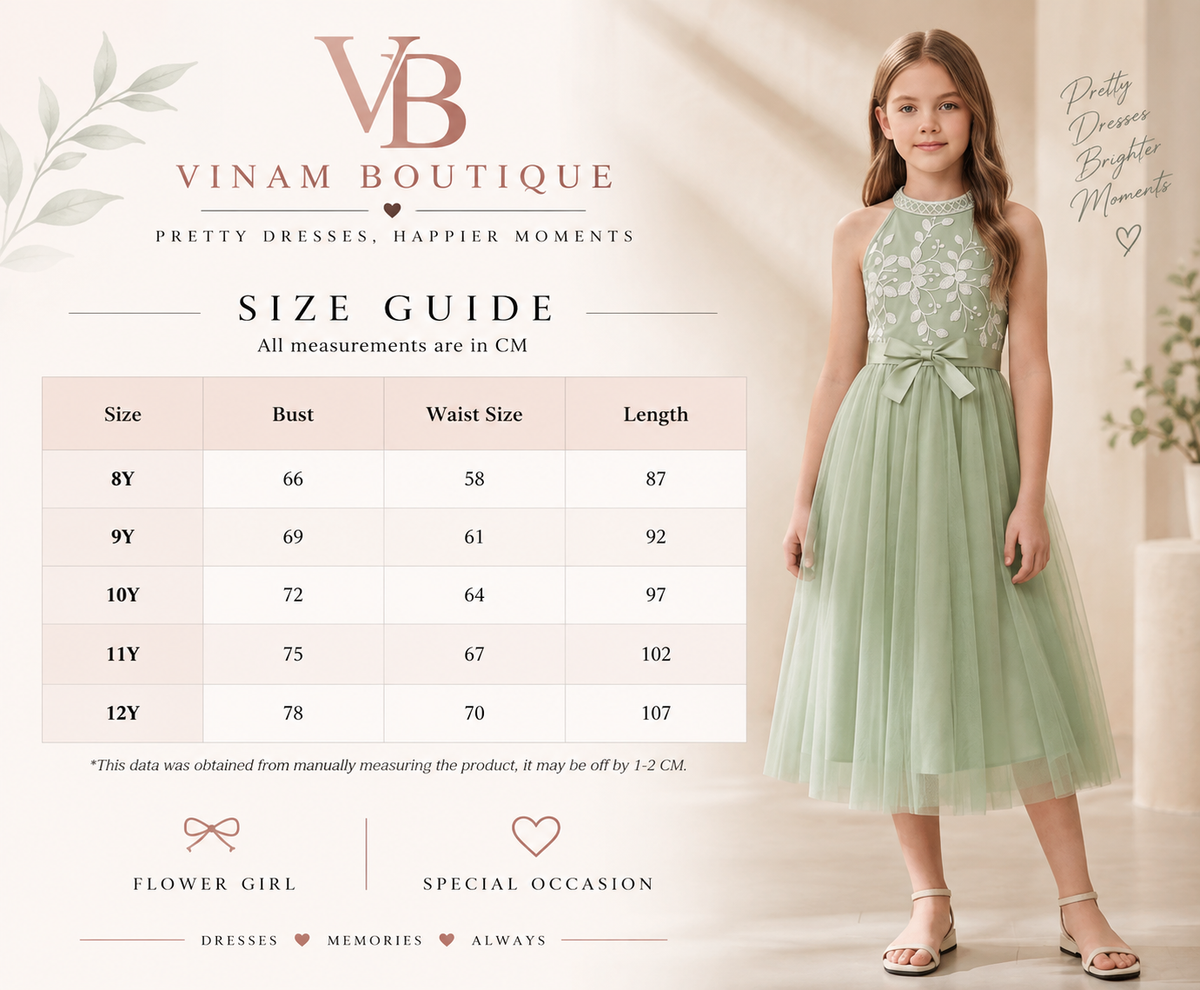 Girl wearing Sage Green Lace & Tulle Flower Girl Dress size chart
