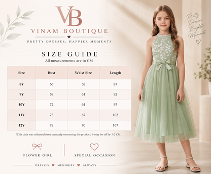 Girl wearing Sage Green Lace & Tulle Flower Girl Dress size chart
