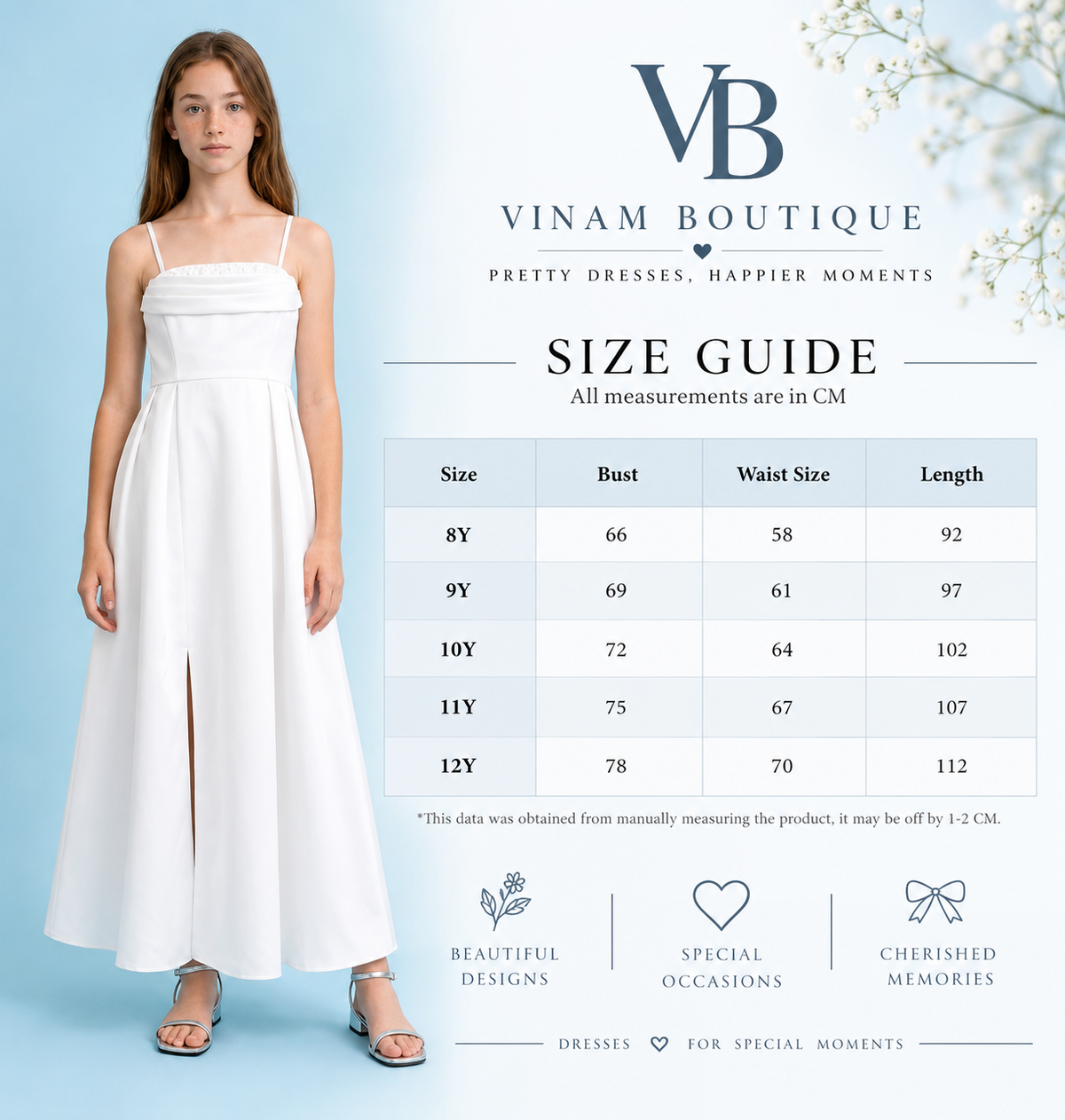 A model wearing a white sleeveless maxi dress with a front slit, shown beside a size guide table and Vinam Boutique branding on a light blue background.