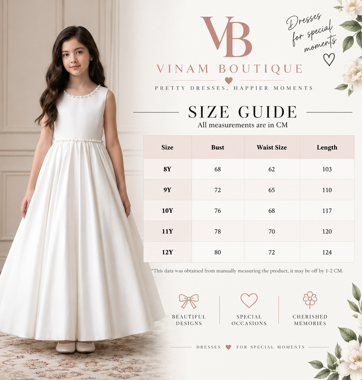 A size guide infographic for Vinam Boutique featuring a young girl modeling a sleeveless white A-line dress, alongside a detailed measurement table from 8Y to 12Y. The graphic includes the brand logo 'VB' and decorative floral elements on a warm beige background.