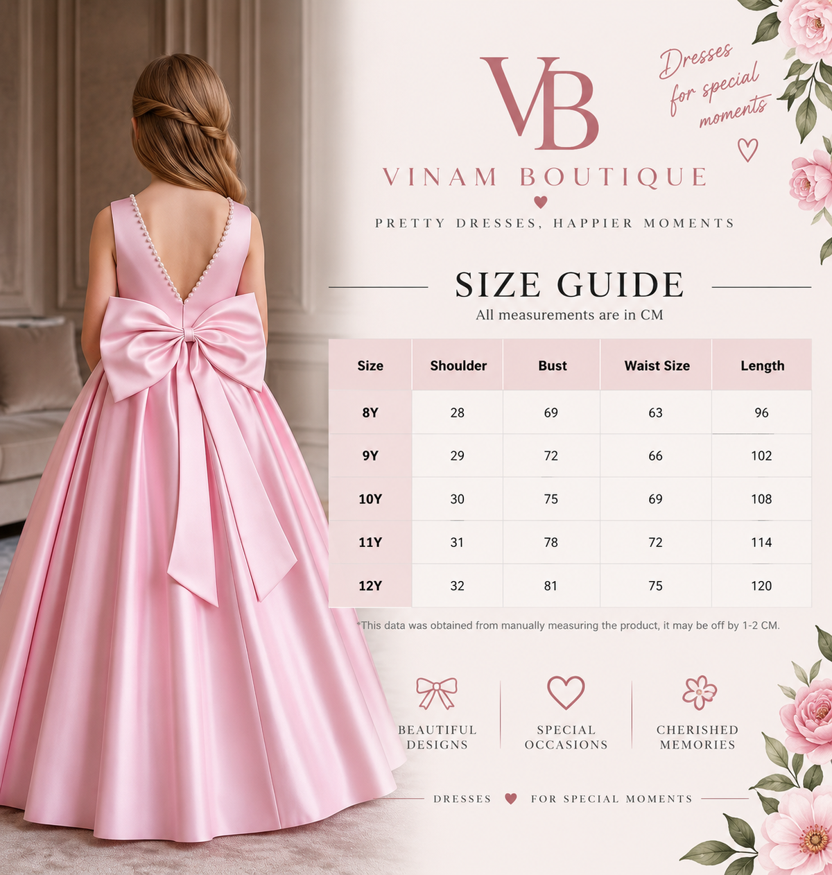 A size guide infographic for a pink A-line dress by Vinam Boutique, showing a girl from the back wearing the dress with a large satin bow. The graphic includes a size chart table from 8Y to 12Y and decorative pink floral borders.