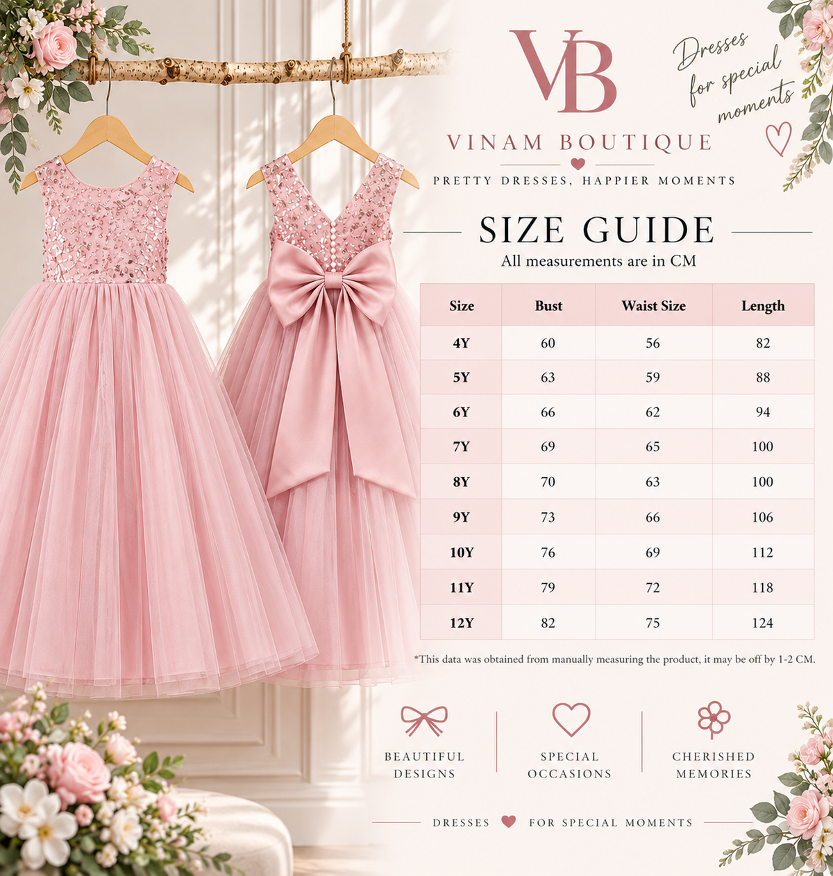 Size chart for pink sequin dress